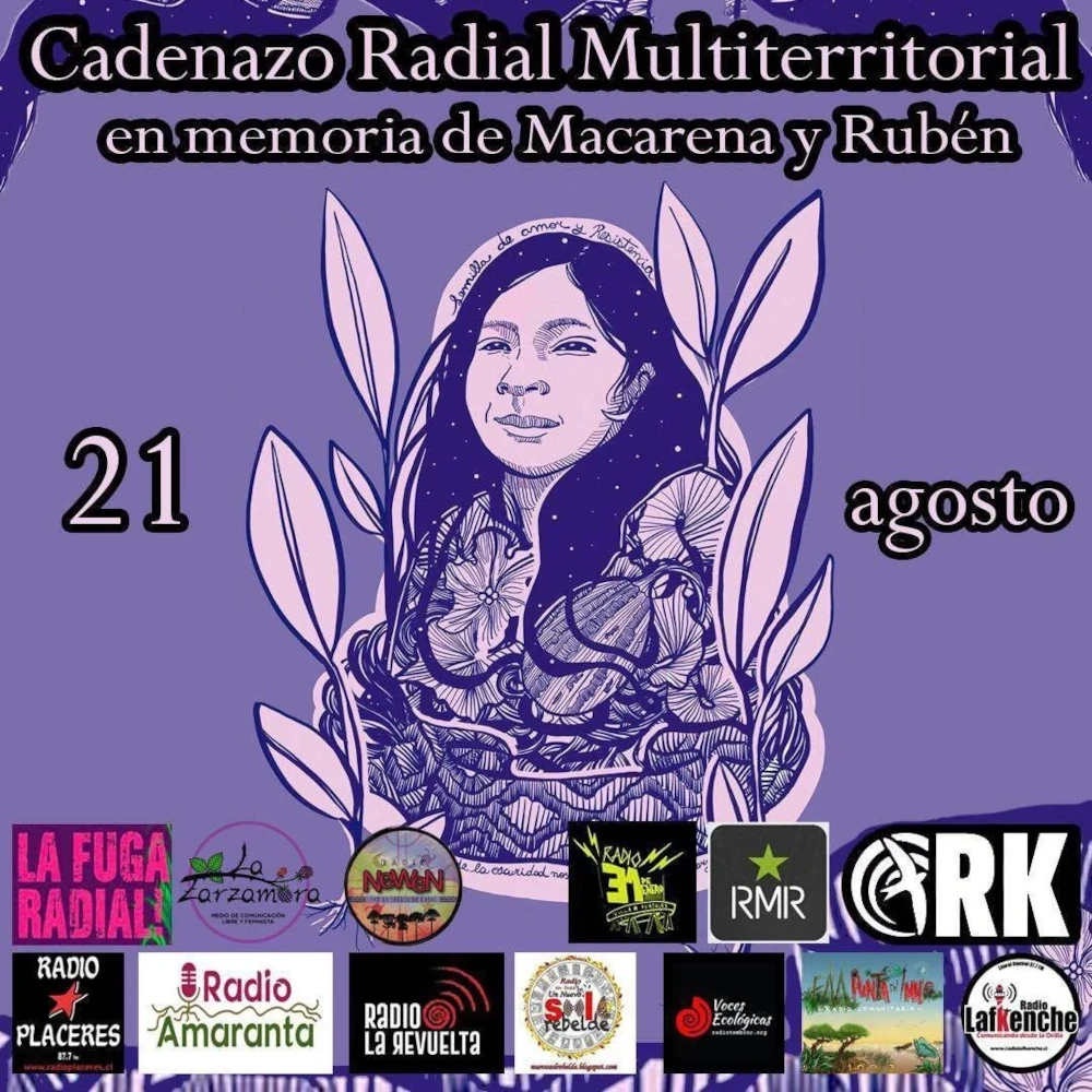 Cartel del cadenazo radial con fondo morado claro, y al centro un dibujo en blanco y negro de Macarena Valdés Yem.