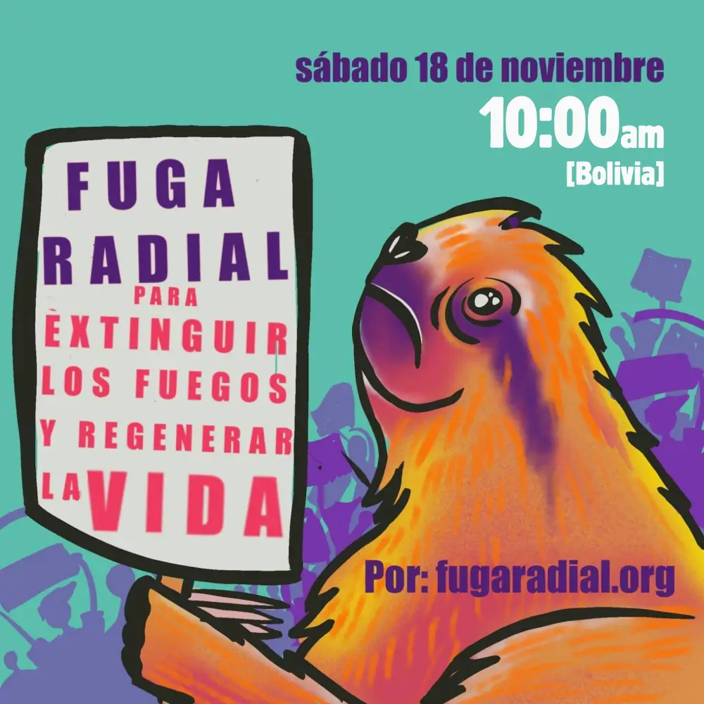 Cartel de la Fuga Radial con un oso perezoso en una manifestacion, sosteniendo un letrero con el titulo de este programa.