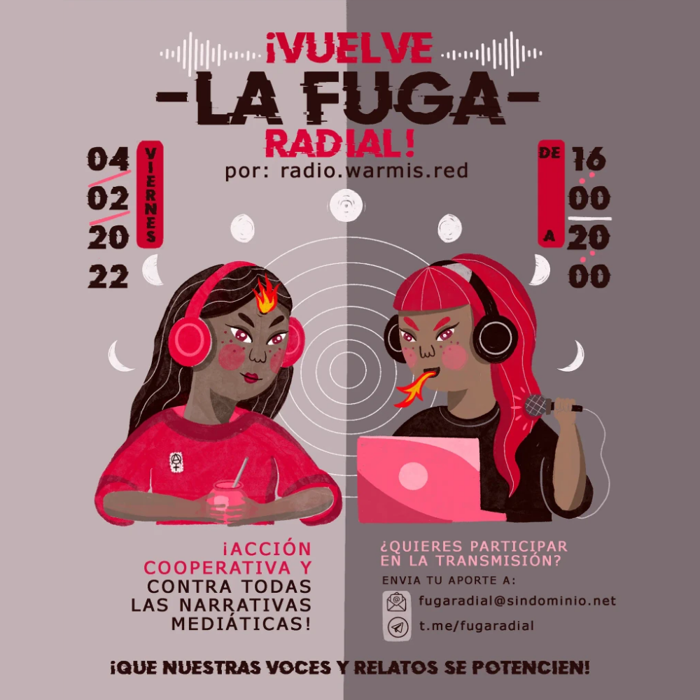 Cartel de la Fuga Radial con el dibujo de dos mujeres frente a una computadora con un micrófono, una lengua de fuego, y una matera.